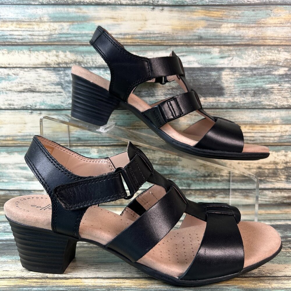 Clarks Sandals Size 7.5M Valarie Kerry Black Leather Dress Work Comfort Open Toe - Picture 1 of 10